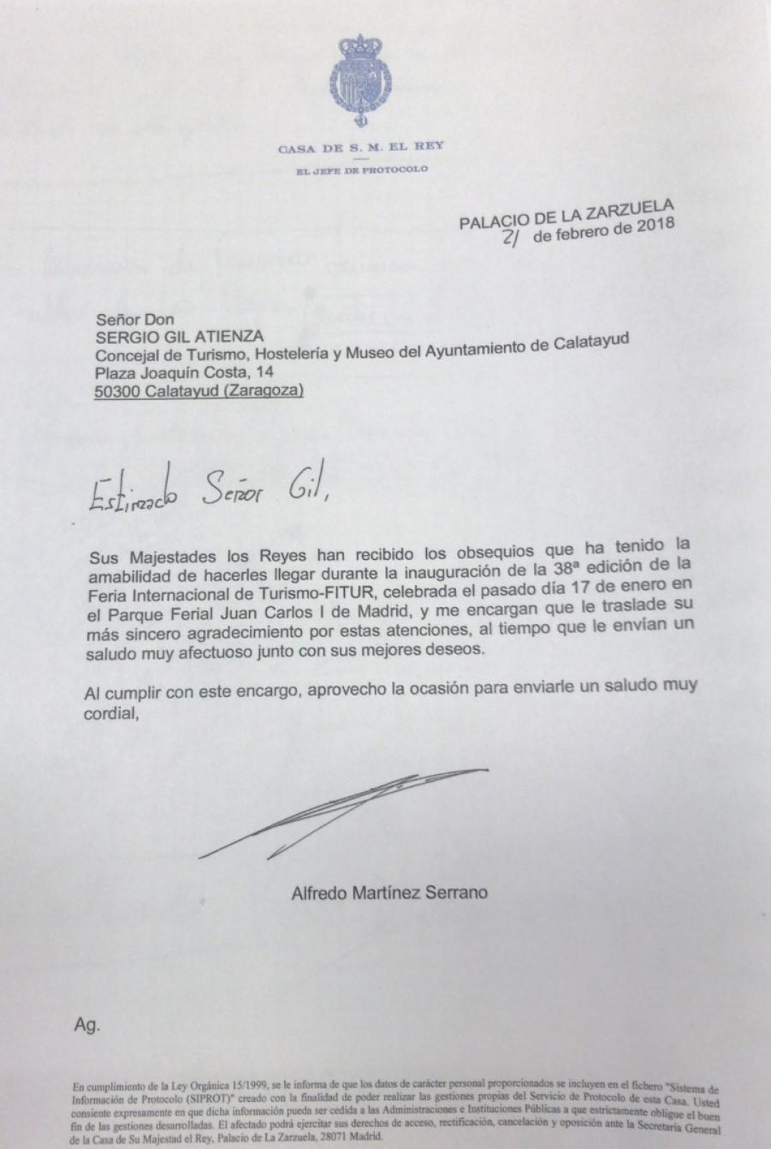los reyes agradecen por carta los obsequios entregados por calatayud en